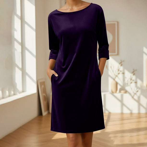 Karight Women's Velvet Dress Trendy Formal Long Sleeve Loose Casual Swing Mixi Dresses Plus Size for Daily Wear with Pockets