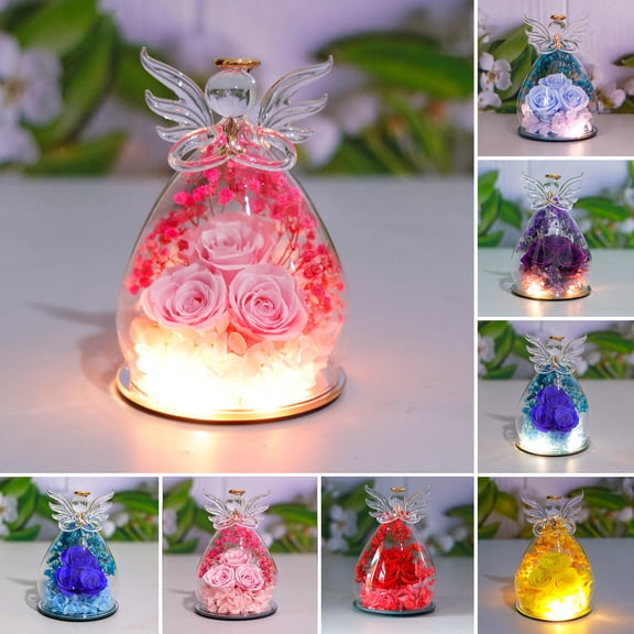 Eternal Roses in Angel Glass Cover Tabletop Preserved Flowers Angel Preserved Roses Christmas Gifts for Mom Grandma Wife