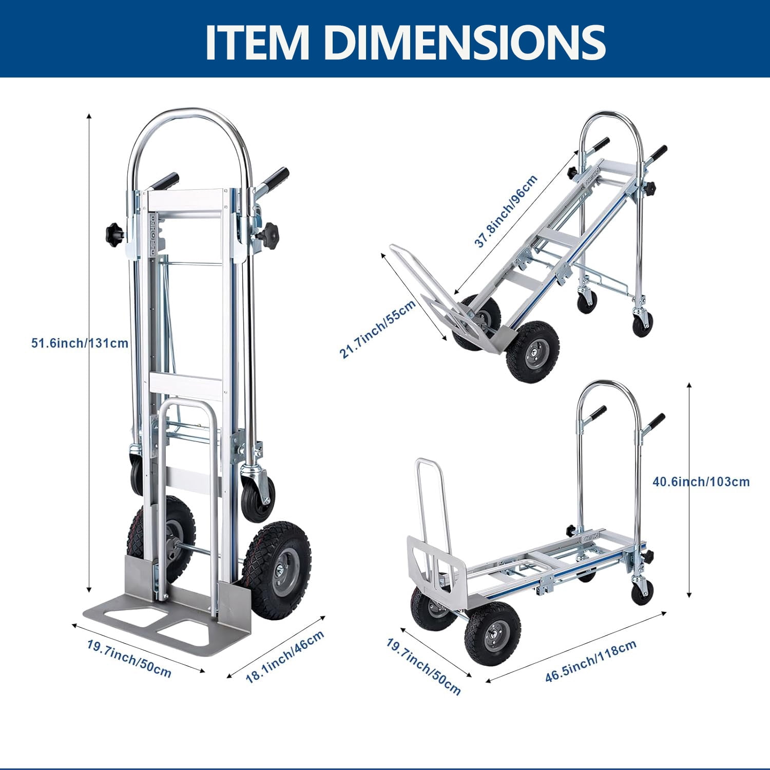 Yonopro 4 in 1 Convertible Hand Truck, Heavy Duty Aluminum Hand Truck 1000 LBS Load Capacity， Durable Hand Truck Dolly with Nose Plate and 4 Wheels