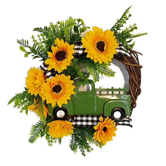 Sunflower Truck Wreath Decor for Front Door, Spring Summer Fall Wreaths for Housewarming Gift, Farmhouse Rustic Sunflower Welcome Garland Outdoor Indoor Home Decor
