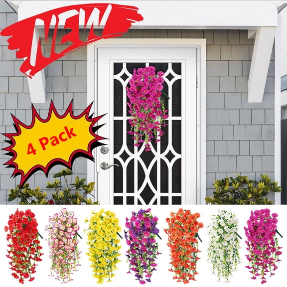 KOYPTL 4 Pack Hanging Artificial Flowers for Outdoors, Fake Flowers for Front Porch Garden Wedding, UV Resistant Simulated Morning Glory Flowers Vines Spring Summer Indoor Outdoor Decorations