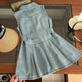 thumbnail image 5 of Mercatoo Fashion Toddler Girl Denim Shirt Dress with Belt Kids Summer Sleeveless Lapel Dress Retro 𝐁utton Denim Dresses, 5 of 9