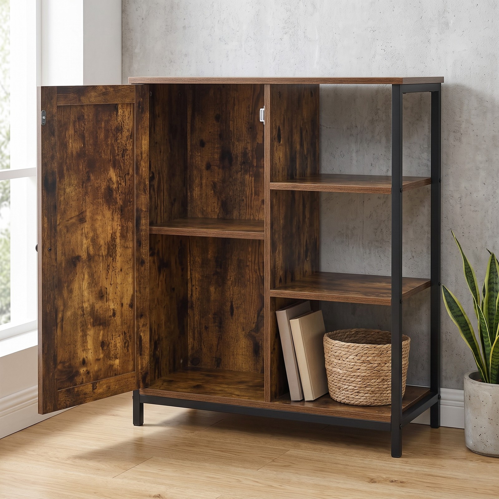 Furnibear Multipurpose Freestanding Storage Cabinet with 3 Open Shelves and 2 Doors, Industrial Wood Metal Accent Storage Cabinet for Living Room, Rustic Brown Black