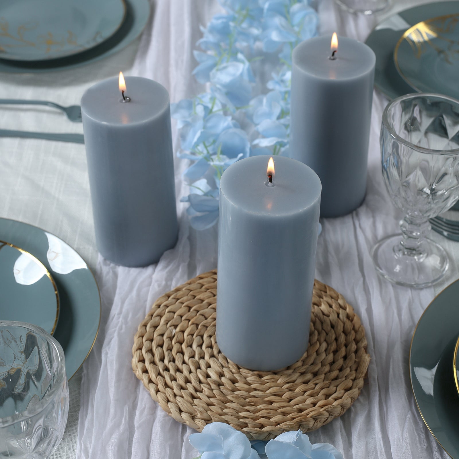 Efavormart 12-Pack Unscented Pillar Candles 3"x6" – Dripless Dusty Blue Paraffin Wax with Smokeless Cotton Wicks for Clean, Long-Lasting Burn
