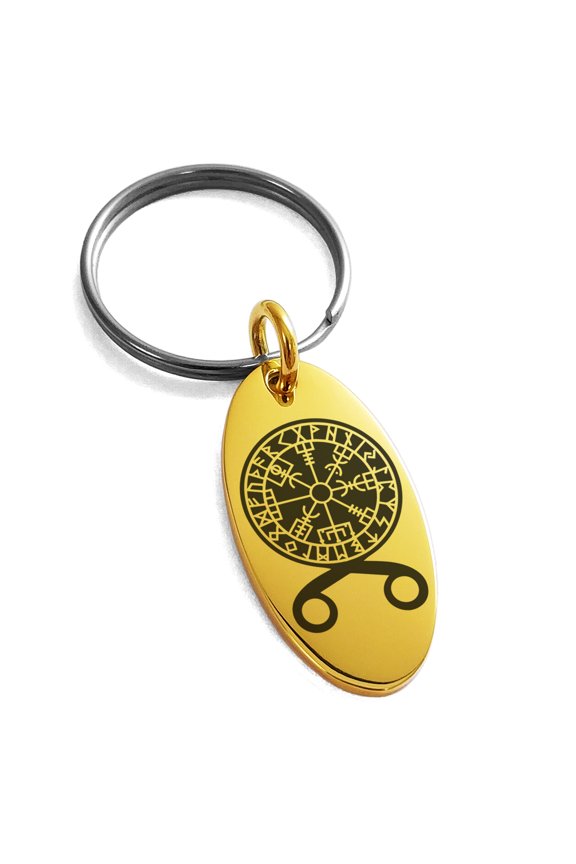 Stainless Steel Binding Vegvisir Troll Cross Runic Viking Engraved Small Oval Charm Keychain Keyring