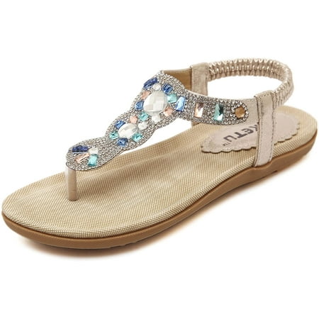 

Women s Wedding Sandals Crystal with Rhinestone Beaded Bohemian Dress Flip-flop Gladiator Shoes