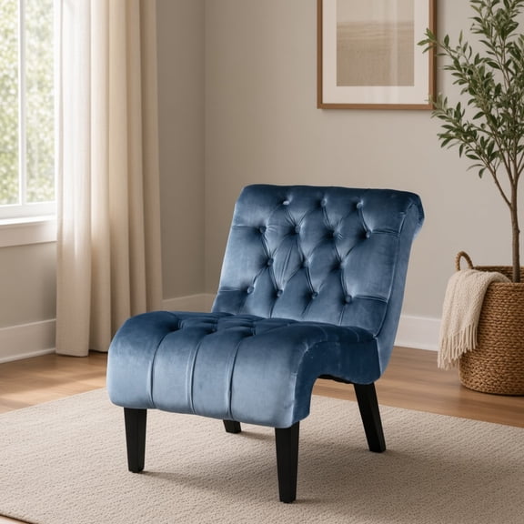 Modern Velvet Armless Accent Chair, Upholstered Button Tufted Leisure Chair with Wooden Legs for Living Room Bedroom Office, Light Blue