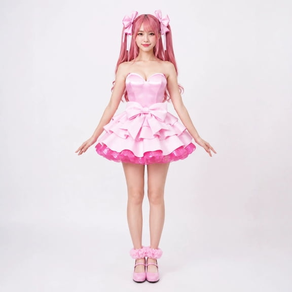 Pink Anime Vampire Halloween Costume for Women, Gothic Sci-Fi Stage Dress Vocalist Cosplay Outfit Fancy Dress for Themed Parties, Size S