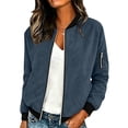 thumbnail image 3 of CBASIHI Womens Suede Bomber Jackets with Pockets- Casual Trendy Loose Fit Zip Up Long Sleeve Fall Outerwear Navy Size L, 3 of 8