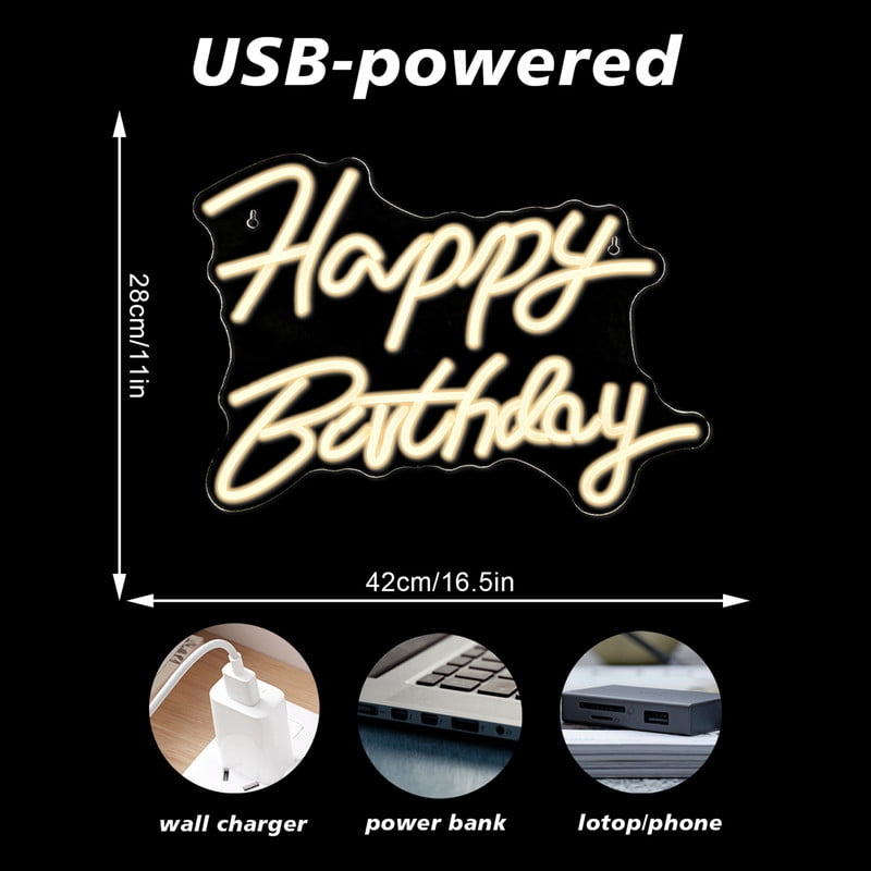 Cadodis Happy Birthday Neon Sign LED Light Wall Decor USB Powered Dimmable Party Backdrop Birthday Decoration Gift,Warm White