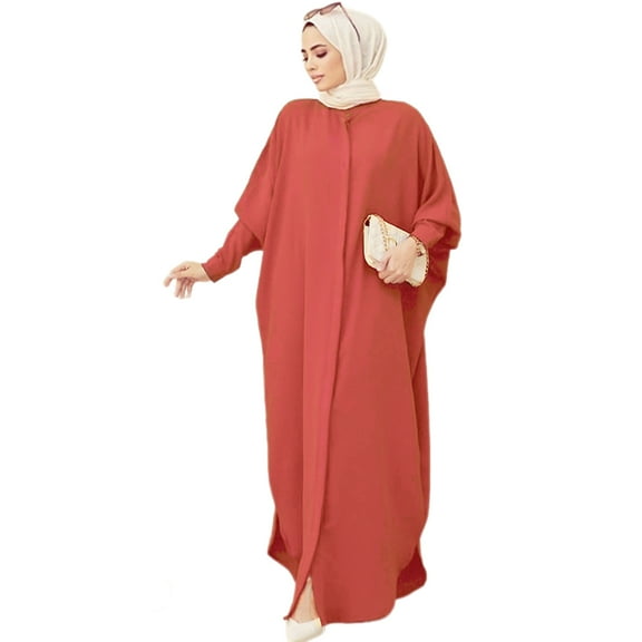 IDOPIP Women's Abaya Muslim Dresses Batwing Sleeve Henley Shirt Prayer Dress Middle East Arabian Robe