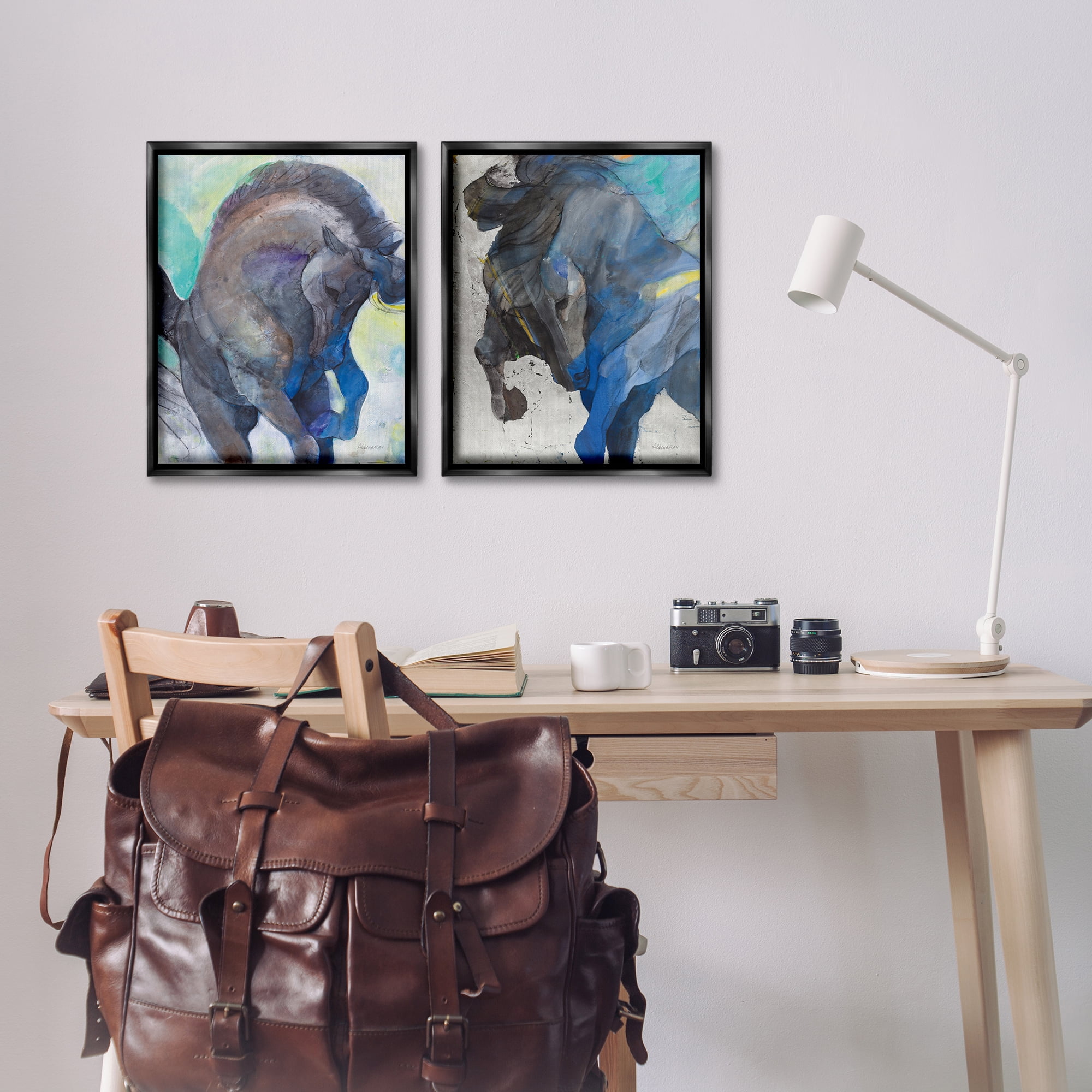Stupell Industries Bucking Horse Joyful Play Animals Painting Black Floater Framed Canvas Art Print Wall Art, 17 x 21, Set of 2