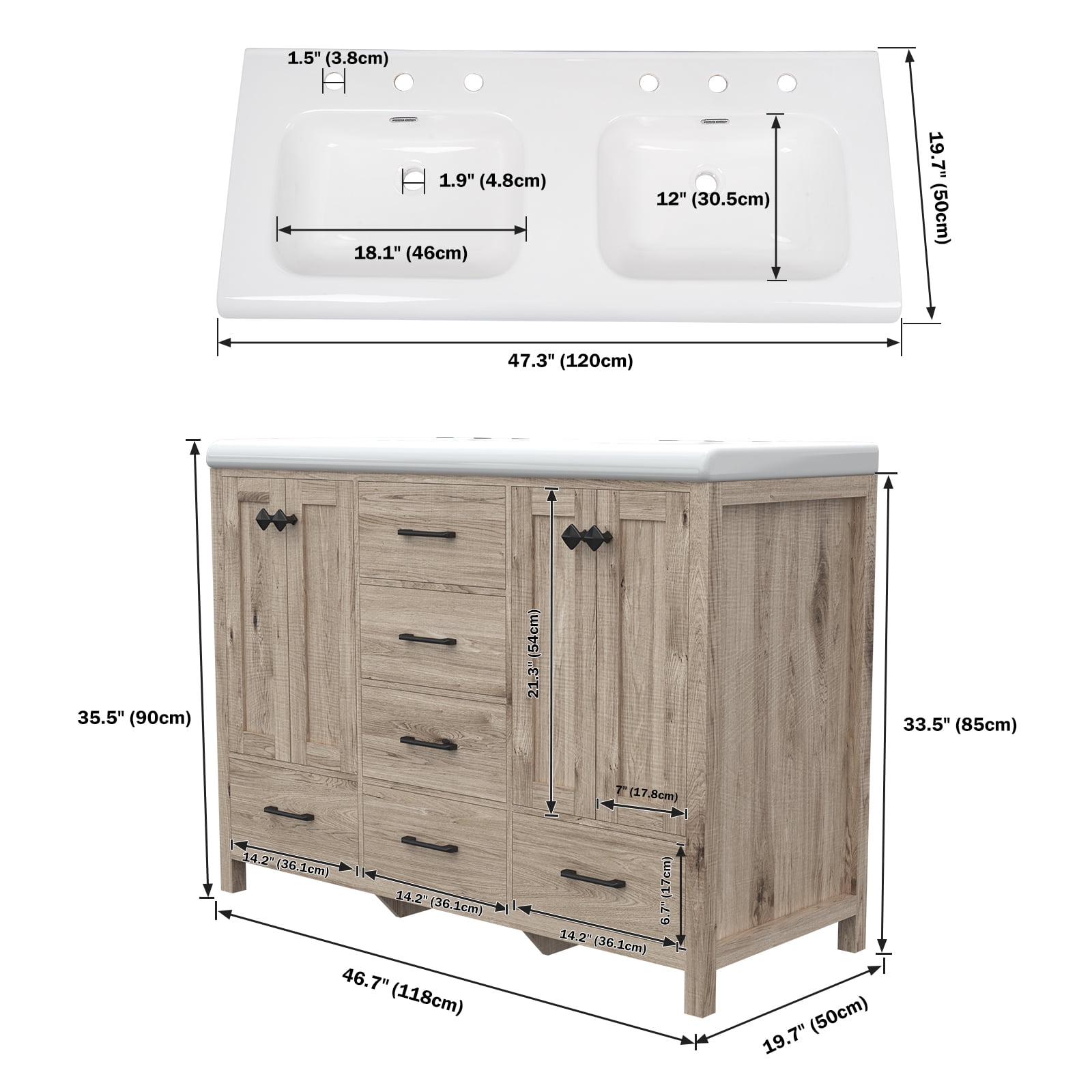 Jarbalai 47" Bathroom Vanity with Double Vanity Dual Basin Bathroom Storage Cabinet with Ceramic Sink