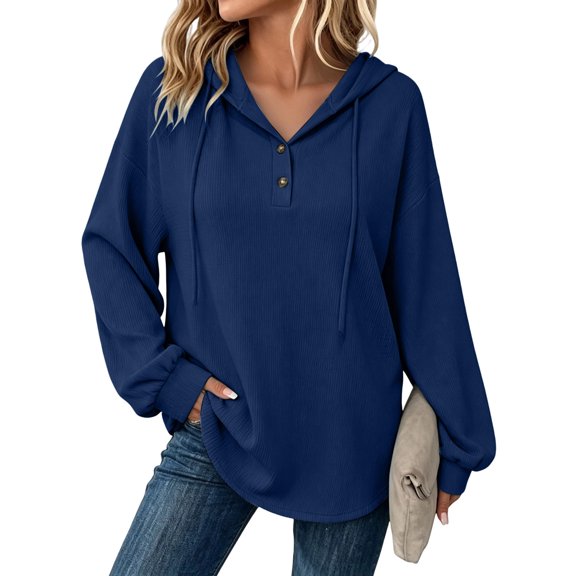 THNCYX Women Waffle Knit Hooded Henley Shirts Drawstring Hoodies Long Sleeve Tops Loose Fit Casual Sweatshirt Fall Clothes