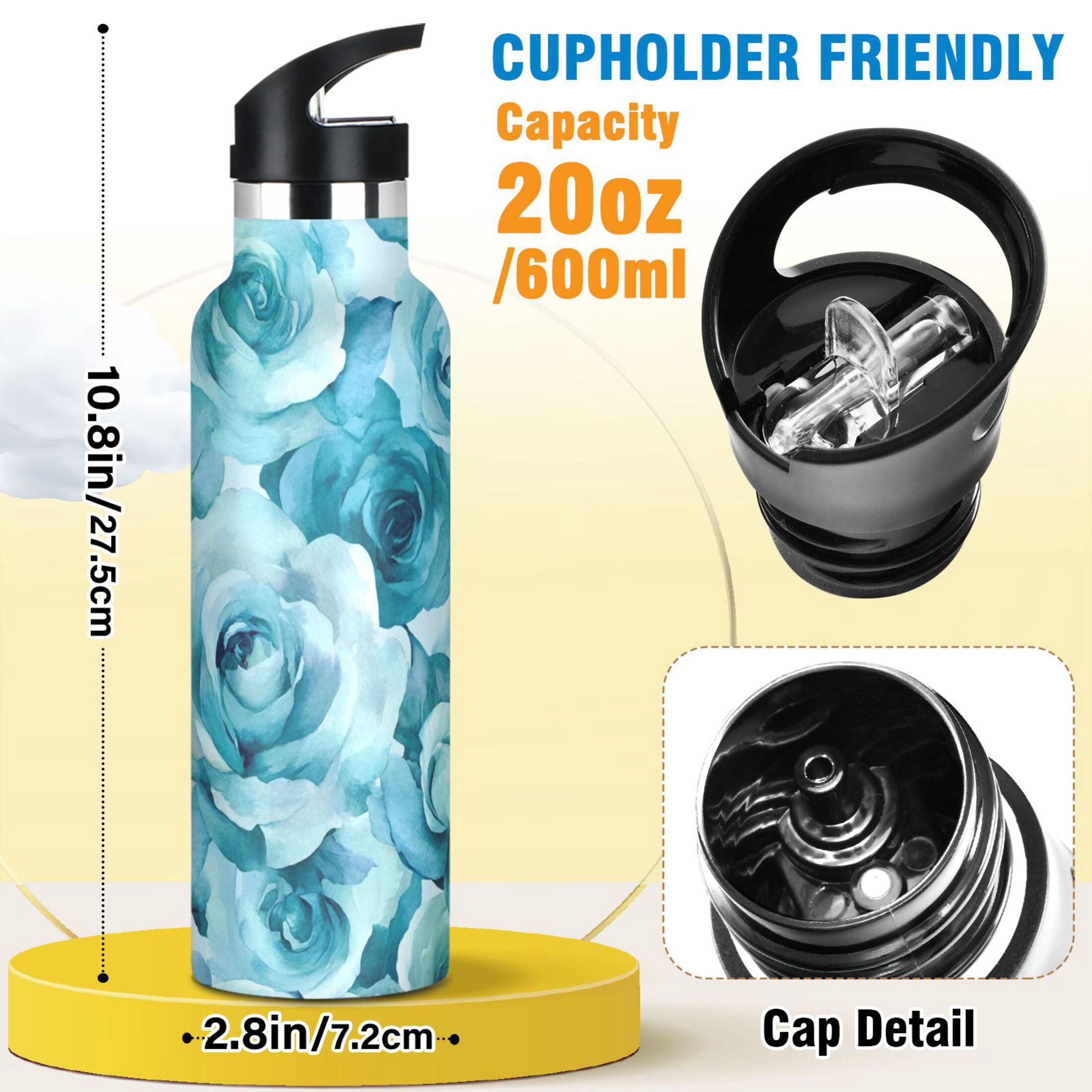 600ML Stainless Steel Insulated Cup Sports Water Bottle Portable Thermos Cup Water Glasses Insulated Tumblers Convenient and Durable Turquoise Roses