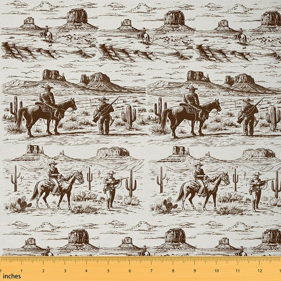 Manfei Western Cowboy Sewing & Crafting Fabric (1 Yard), Tropical Desert Cactus Home Decor Fabric by the Yard, Rustic Farmhouse Horse DIY Fabric