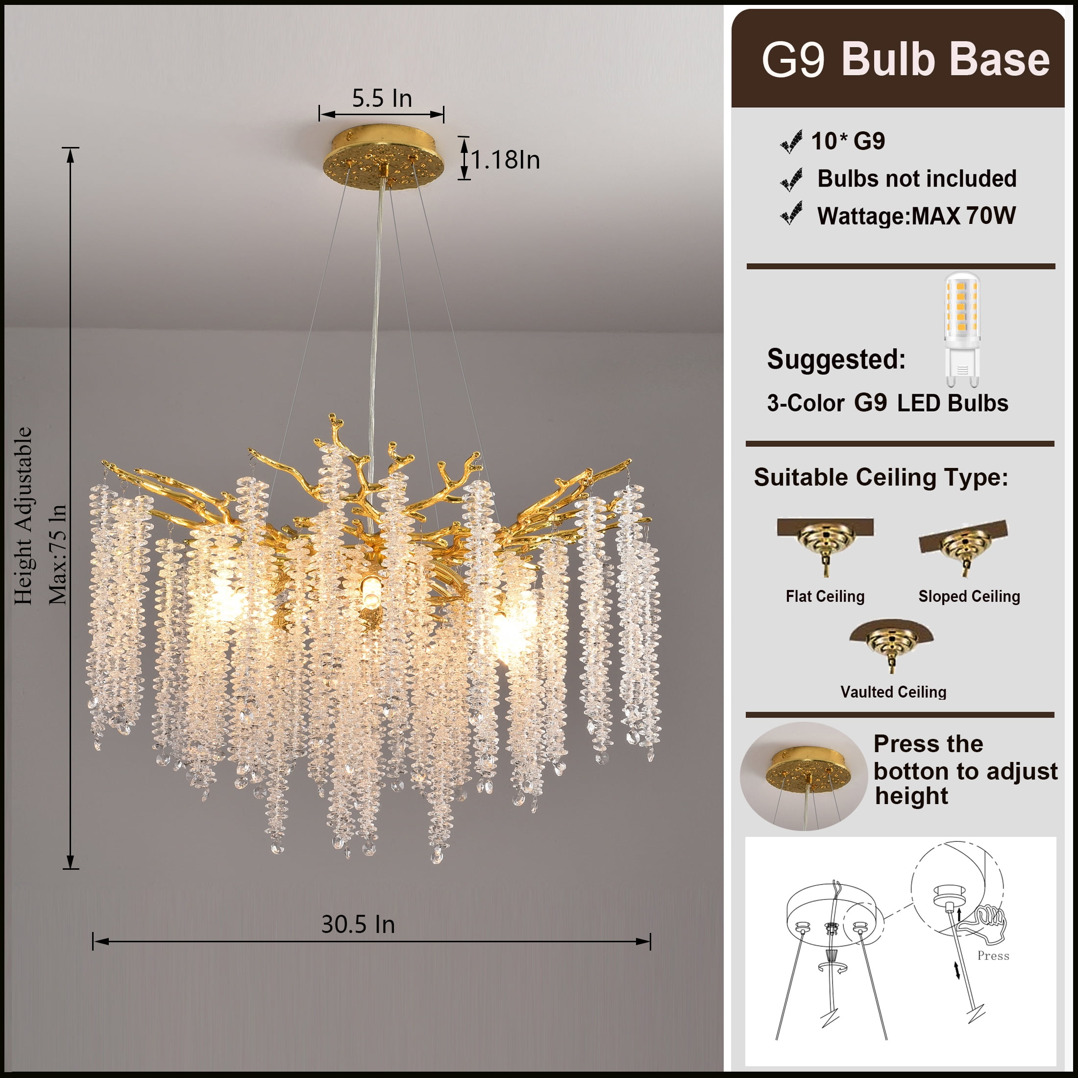 ULPEMTL Modern Crystal Tree Branch Chandeliers Gold for Dining Room Bedroom Room 30.5 inch Ceiling Hanging Light
