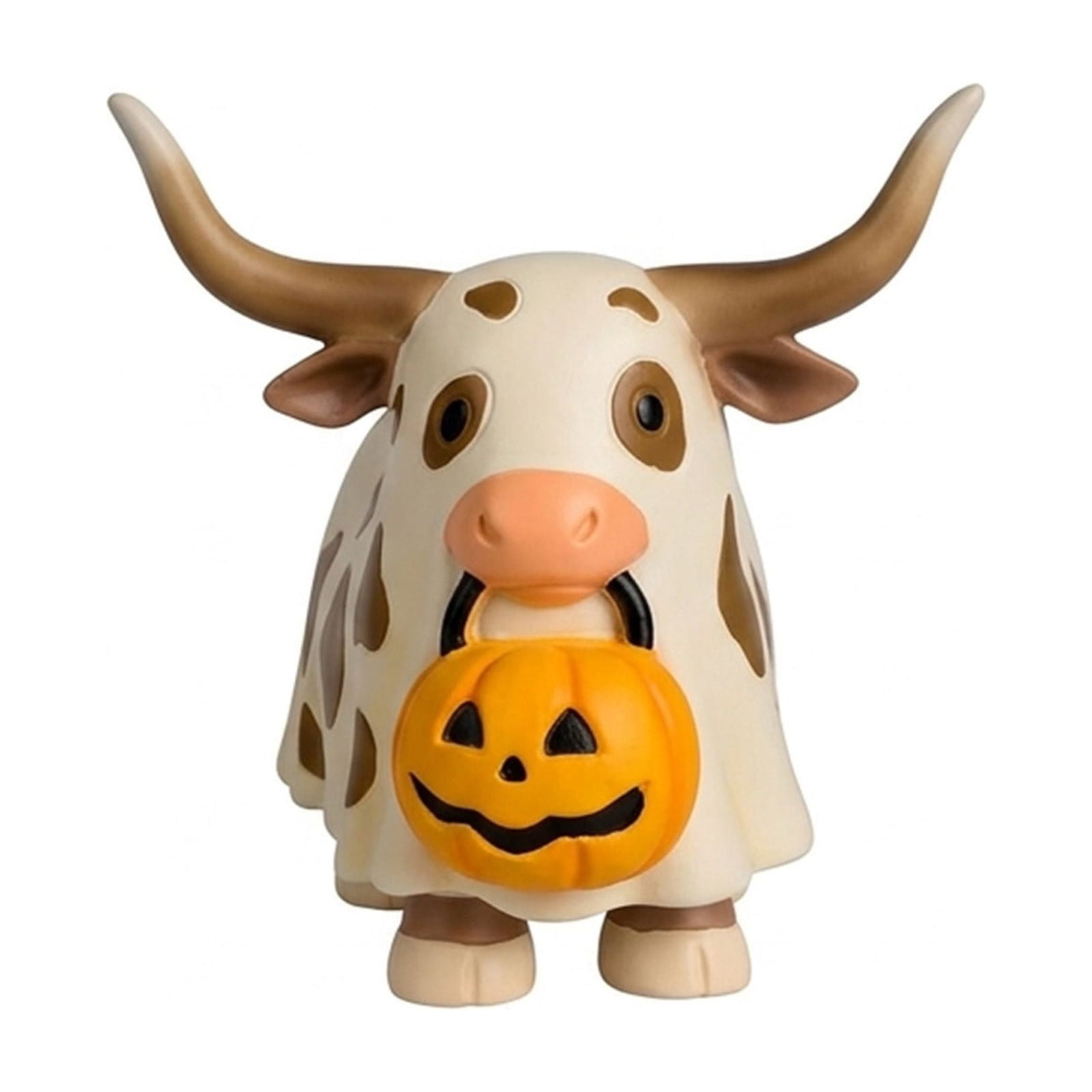 Cow in Ghost Costume Resin Figurine – Halloween Table Decor, Farm Animal Ornament with Jack-O'-Lantern Bucket, Shelf Mantel Fall Display，Halloween Decorations