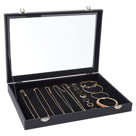Juvale Black Velvet Jewelry Display Case Tray - 13.75 x 9.5 x 2 In - Glass Top Jewelry Box & Organizer