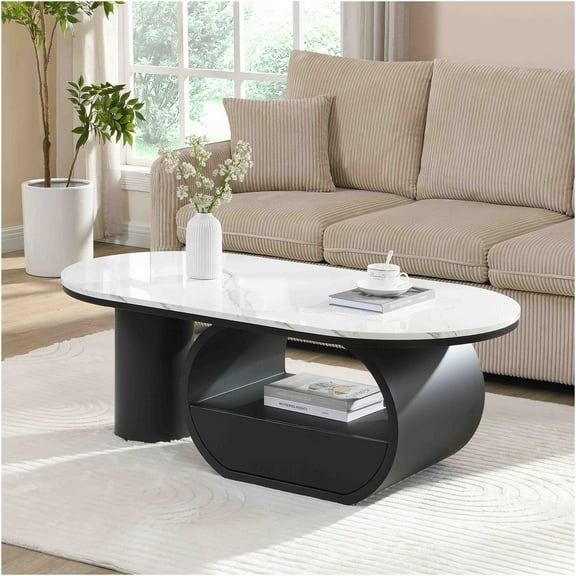 JERFIT 47.24" Oval Coffee Table with Drawer and Shelf, Black and White Faux Marble Top Metal Center Table for Living Room