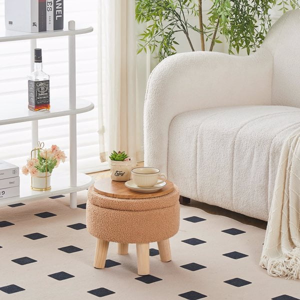 Storage Ottoman, Modern Round Footrest with Soft Padded Seat, Teddy Velvet Footstool with Wood Legs, Accent Small Table or Plant Stand for Hallway, Living Room (Champagne)