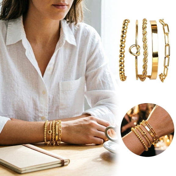 Gold Plated Stackable Bracelets for Women, Non Tarnish Bangle Beaded Paperclip Cuban Link Chain Bracelet Set, Trendy Jewelry Gift