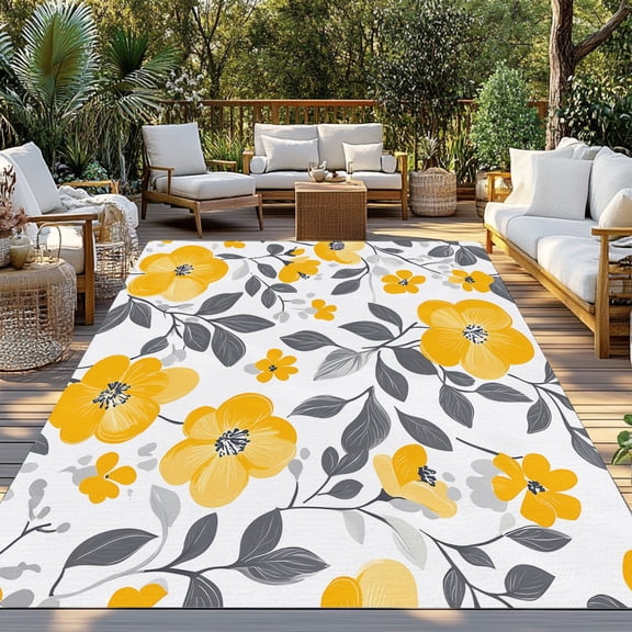 Outdoor Rug, Spring Yellow Flower on White Indoor Area Rug Outdoor Carpet RV Camping Rugs 3x5ft Farmhouse Floral Leaves Outside Mat for Patio Picnic Porch Deck Balcony Backyard