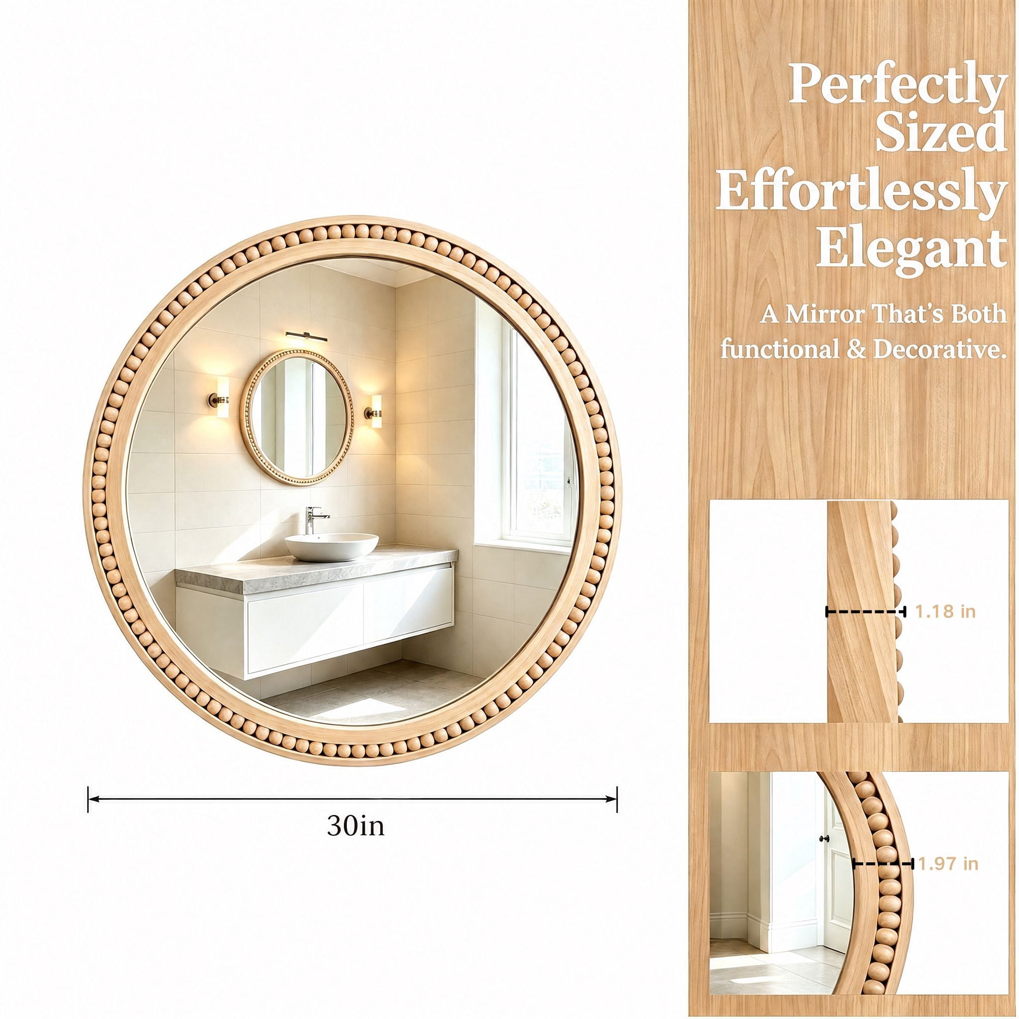 Round Wall Mirror 30 Inch, Solid Wood Framed Mirror with Beaded Trim, Rustic Farmhouse Decor Mirror for Entryway and Bathroom, Natural