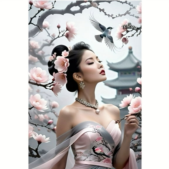 5D DIY Artificial Full Diamond Painting Set - Adult Beginner, Oriental Beauty & Cherry Blossoms Diamond Art, Sparkling Rhinestone, for Home Wall Decor & Gift - Perfect for Art Lovers & Adults