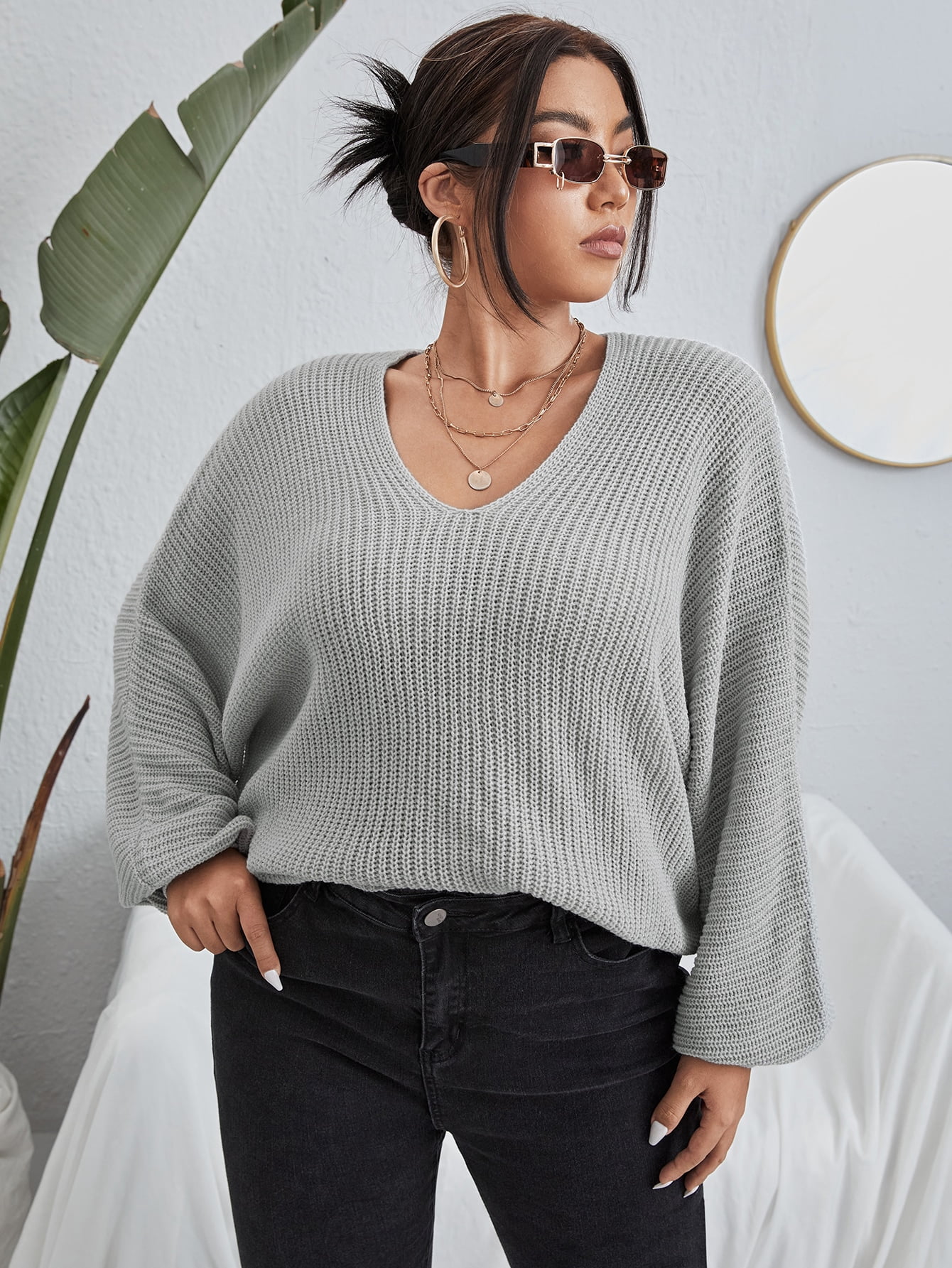 Batwing Sleeve Sweater 321112W231610 