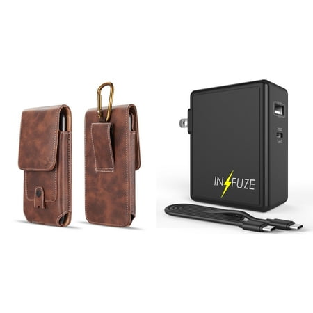 

Pouch and Wall Charger Bundle for Alcatel TCL 30 Z: Vertical Magnetic Belt Holster Case (Brown) and 45W Dual USB Port PD Power Delivery Type-C and USB-A Power Adapter