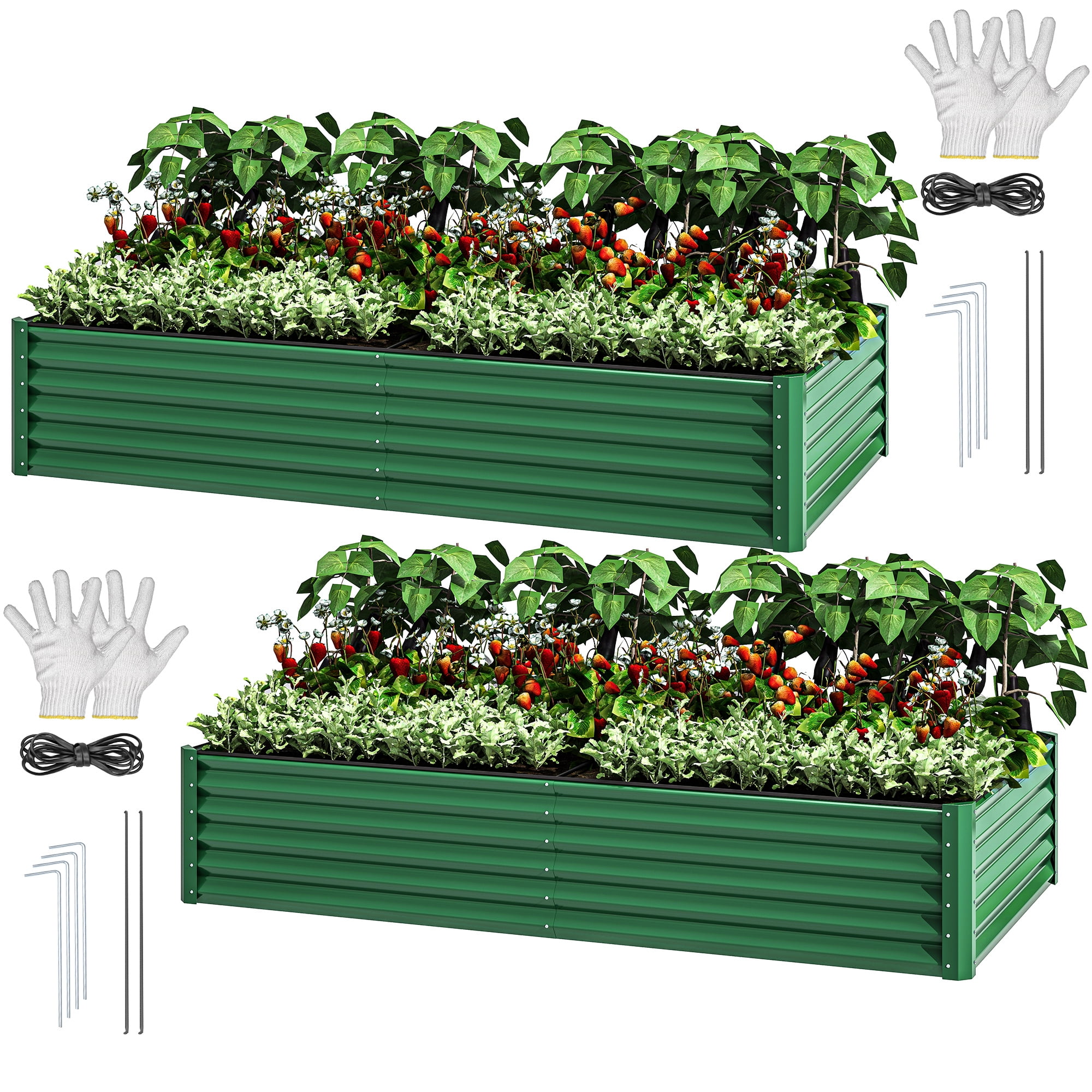 Uforic 2 Pack 8x4x1.5 ft Green Galvanized Raised Garden Bed Kit, Metal Planter Box with Gloves, Ground Nails & Support Rod, Outdoor Above-Ground Planter for Plants, Vegetables, and Flowers