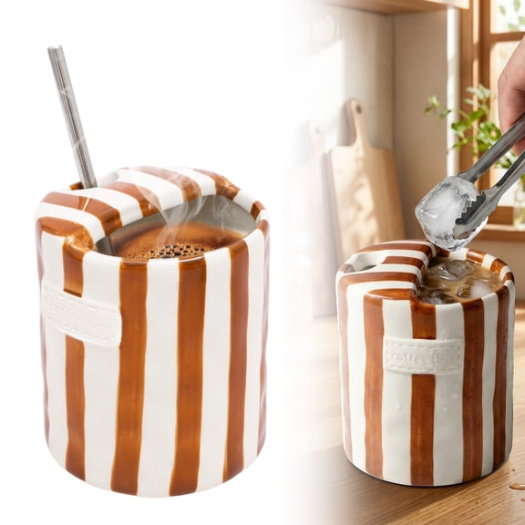 FYJUCPA Ceramic Coffee Mug with Sip Hole, 10oz Hand Painted Striped Novelty Espresso Cup with Straw for Coffee Tea Hot Chocolate