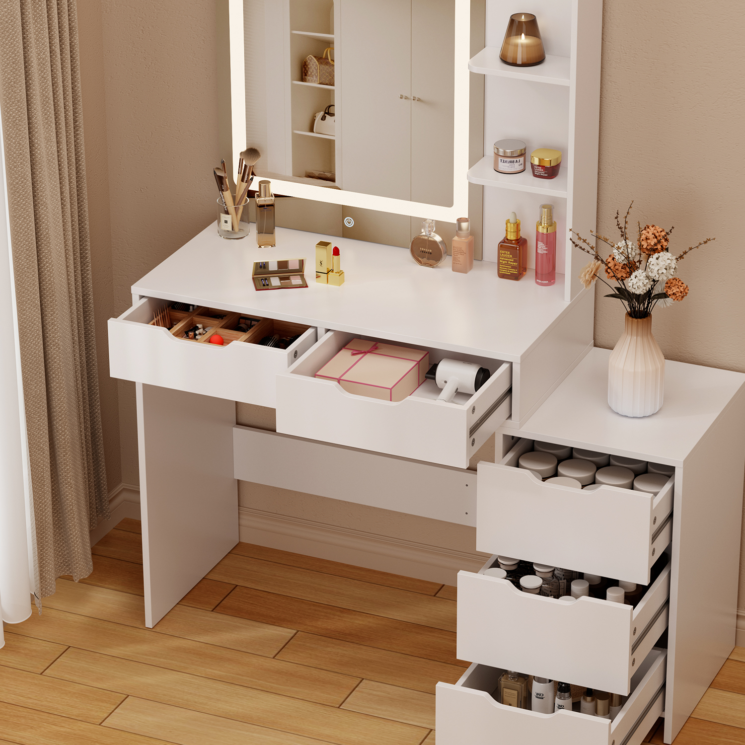 Aiho 43.5” Makeup Vanity Desk with Lighted Mirror, 5 Drawers & Adjustable Lights, White Dressing Table for Bedroom