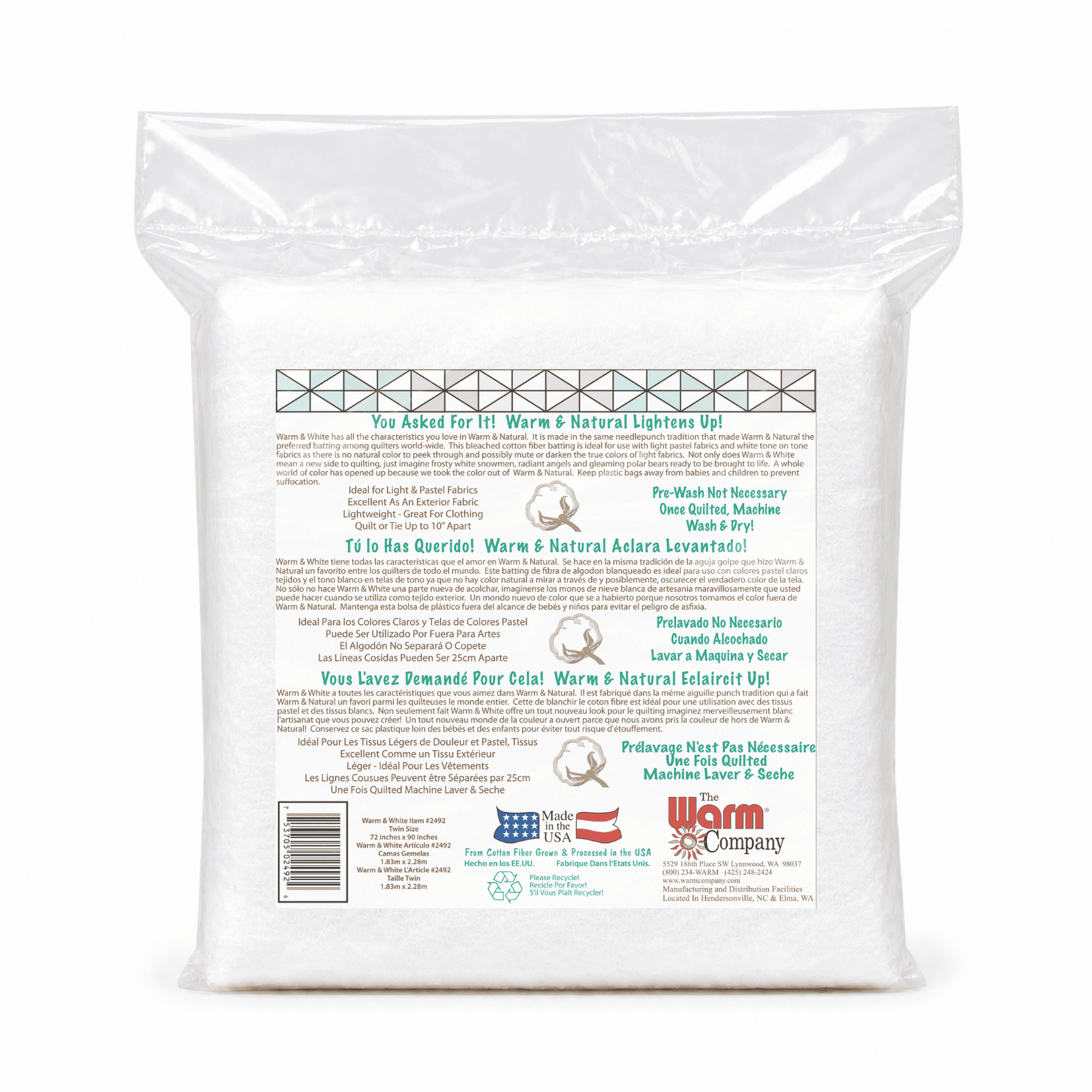 Warm & White Cotton Batting Twin Size 72'' x 90'' Precut