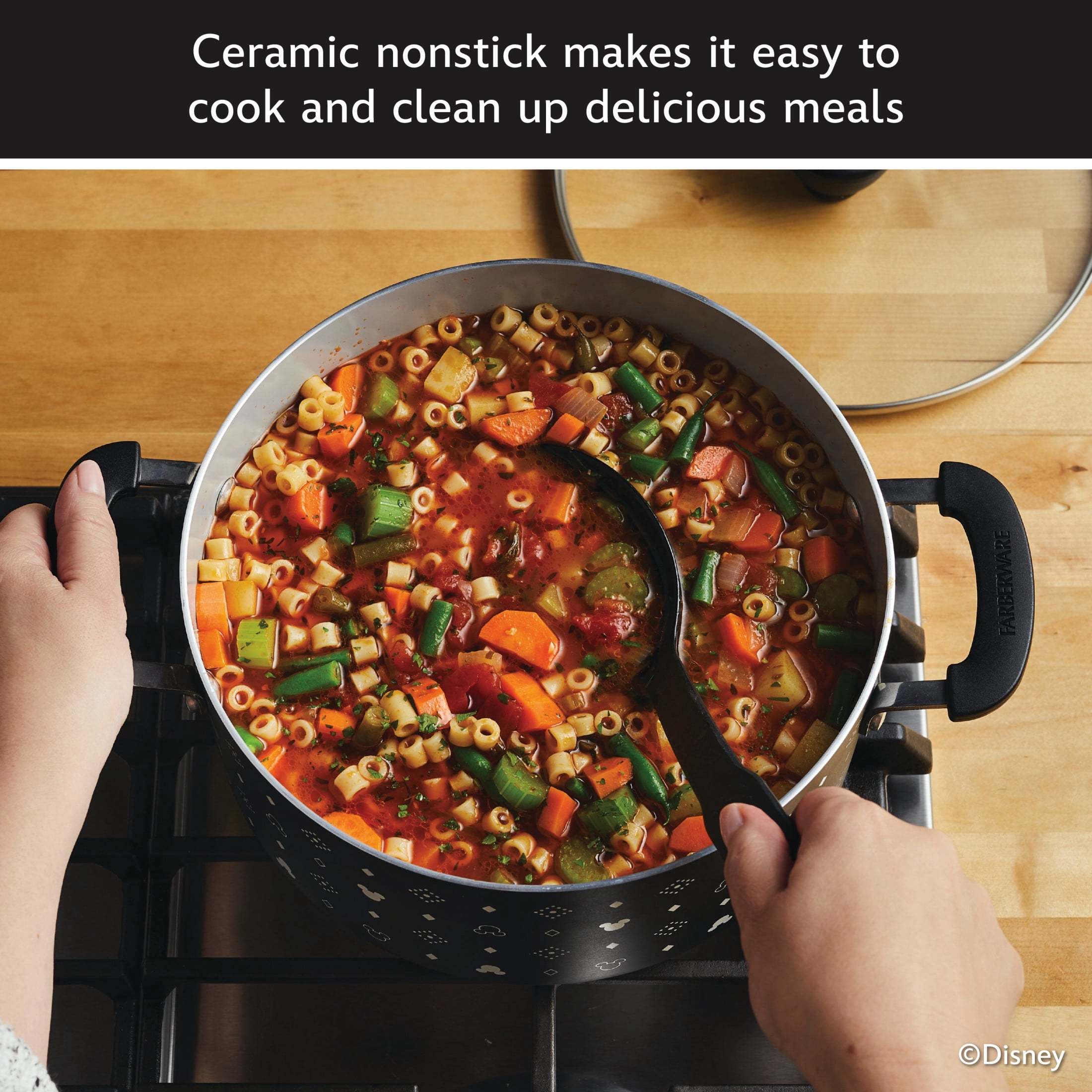 Farberware Disney Monochrome 5.5 Quart Ceramic Nonstick Stockpot with Lid, Dishwasher Safe, Black