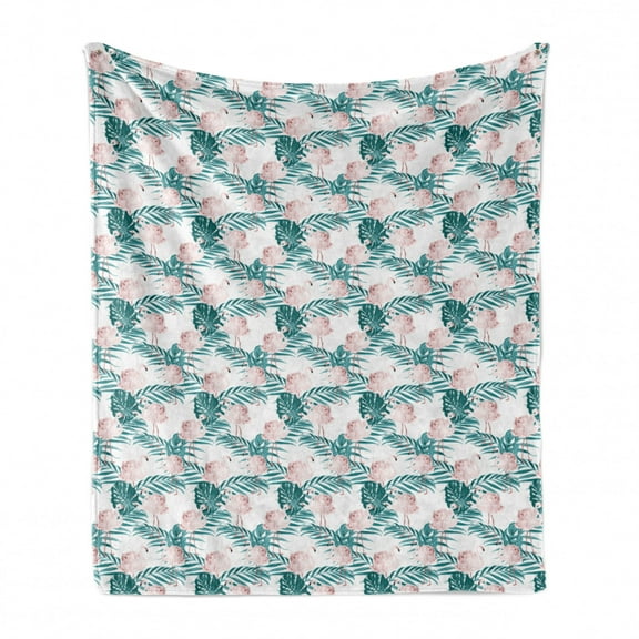 Flamingo Soft Flannel Fleece Throw Blanket, Palm Leaves Rose Flowers Bird Print on Plain Backdrop, Cozy Plush for Indoor and Outdoor Use, 70" x 90", Salmon Cadet Blue, by Ambesonne