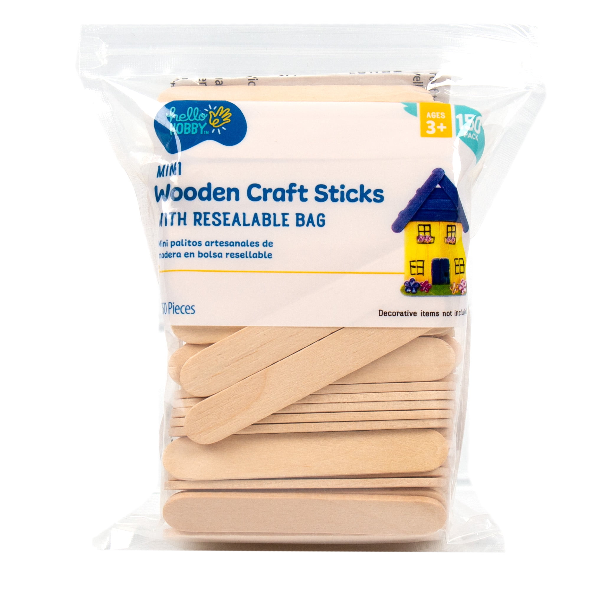 Hello Hobby Mini Wood Craft Sticks with Resealable Bag, 150-Pack