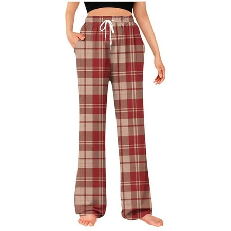 Besolor Pajama Pants for Women Plaid Drawstring Elastic High Waisted Straight Leg Comfy Sleepwear Bottoms Pants with Pockets