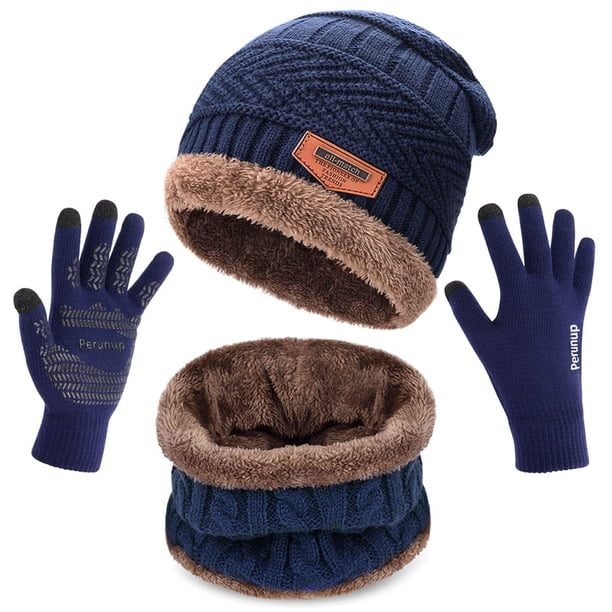 Set de gorros de invierno, gorro, bufanda y guantes MAYLISACC para hombre, azul marino