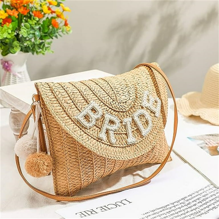 Laidan Bride Mrs Straw Bag Shoulder Bag Honeymoon Bag with Adjustable Strap Khaki BRIDE Adult Unisex Size 20 27 4CM Beige