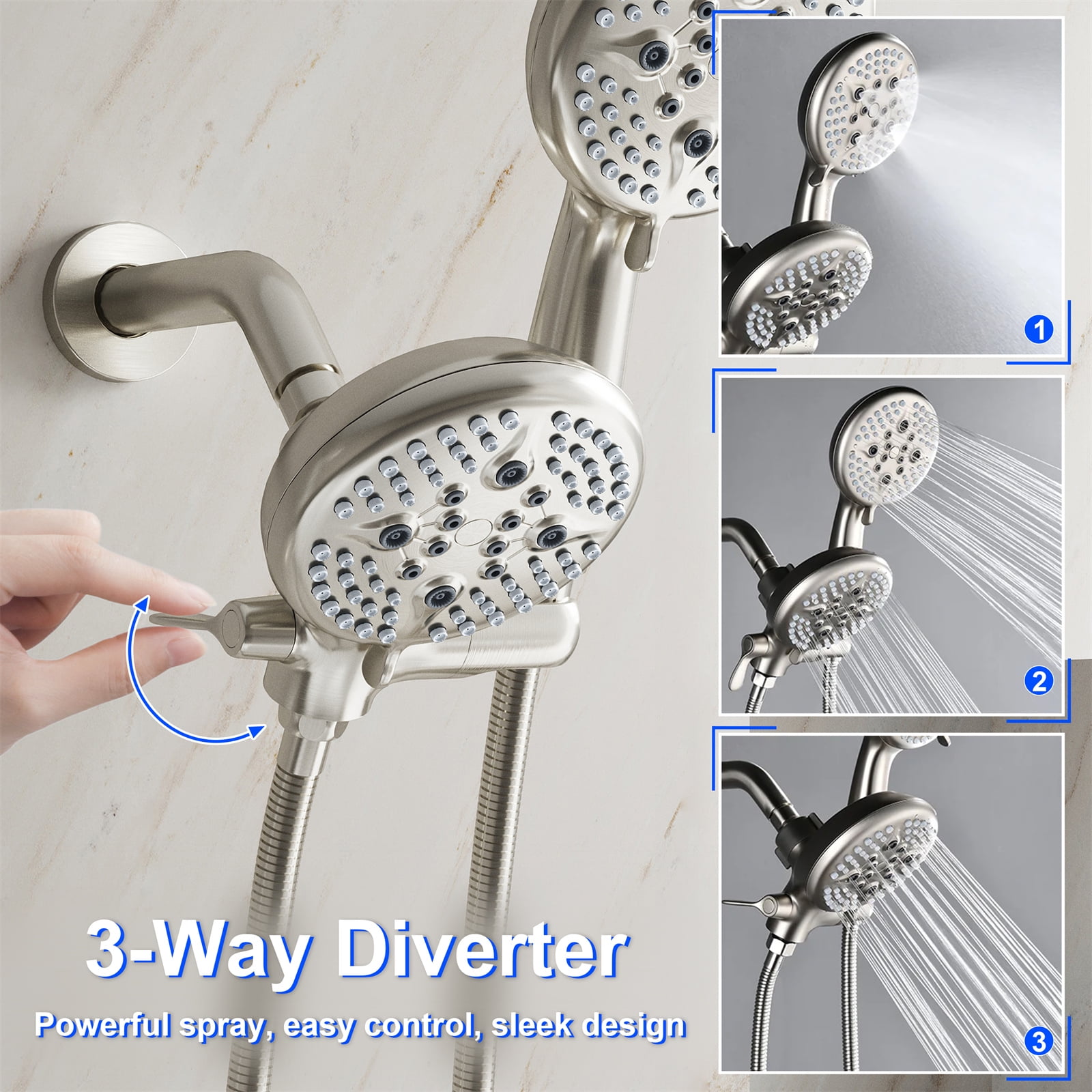 Angeleshome Bathtub Shower Faucet Set with Tub Spout, 3-in-1 Dual Shower Head System with Handheld Spray Combo, 5-Mode, Valve Trim Kit, Brushed Nickel