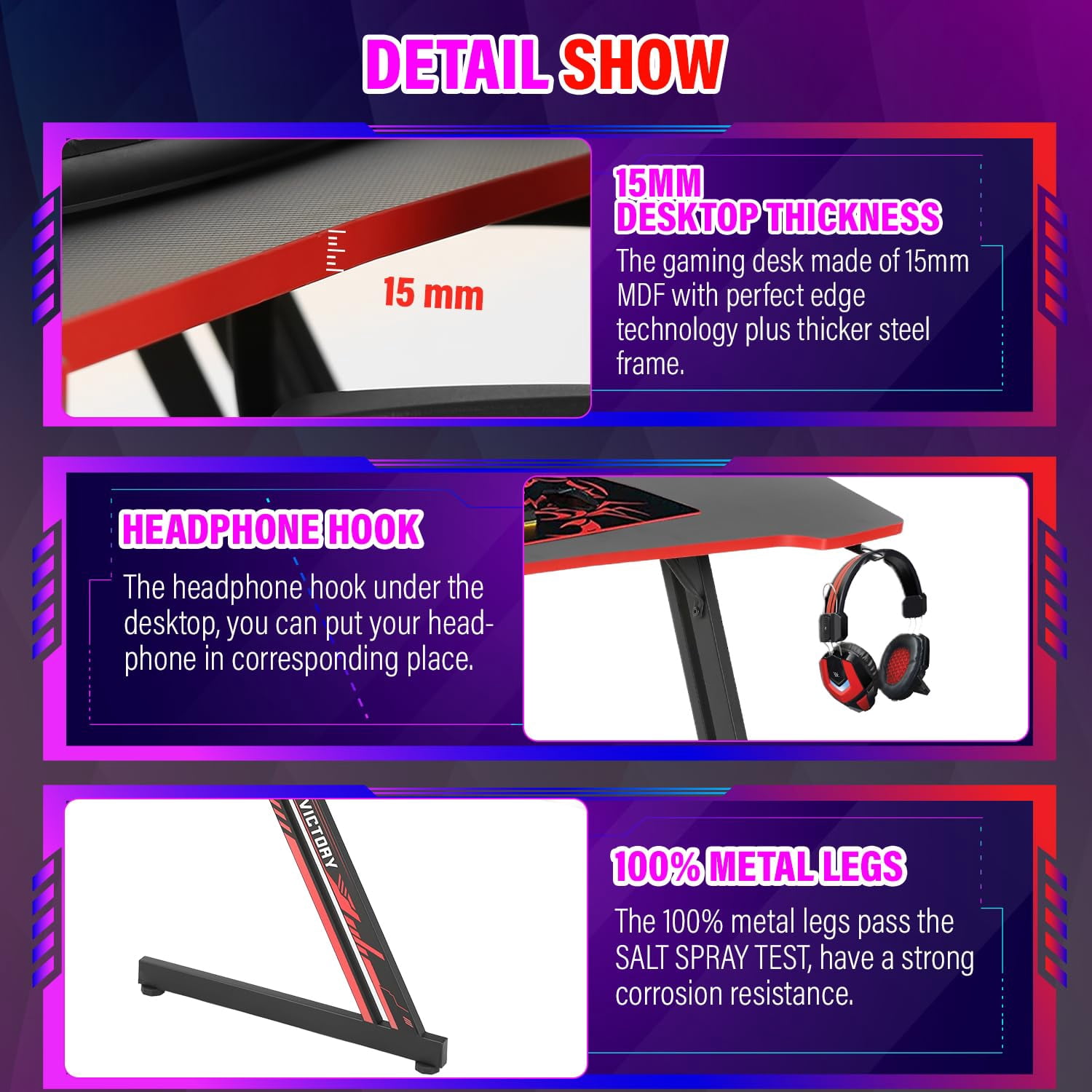 PayLessHere 47 Inch Modern Z-Shaped Gaming Desk with Headphone Hook,Red