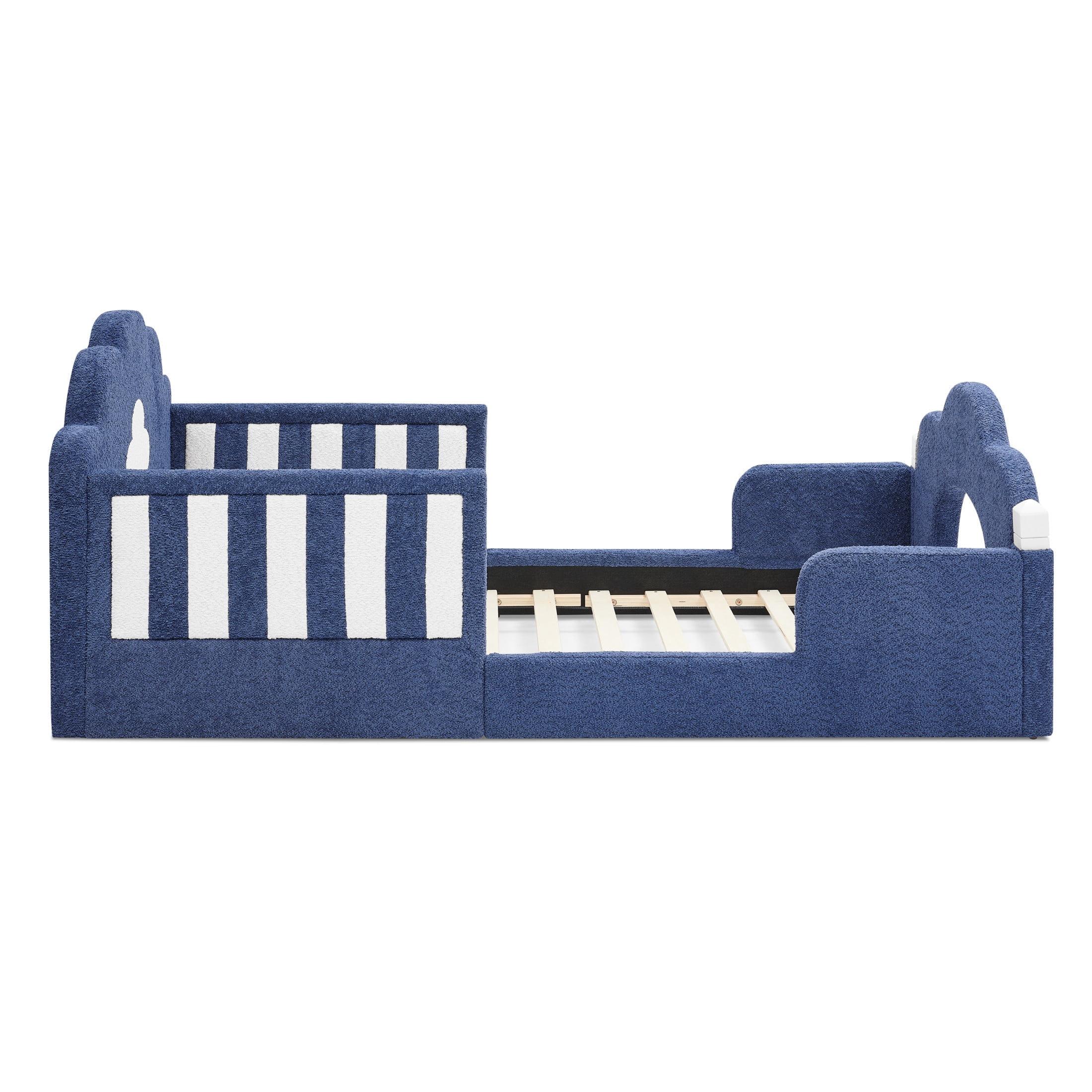 GDF Studio Arvion Twin Size Cloud Bed with Safety Guardrails & Solid Wood Frame, Boucle Fabric Upholstered Bed, Navy