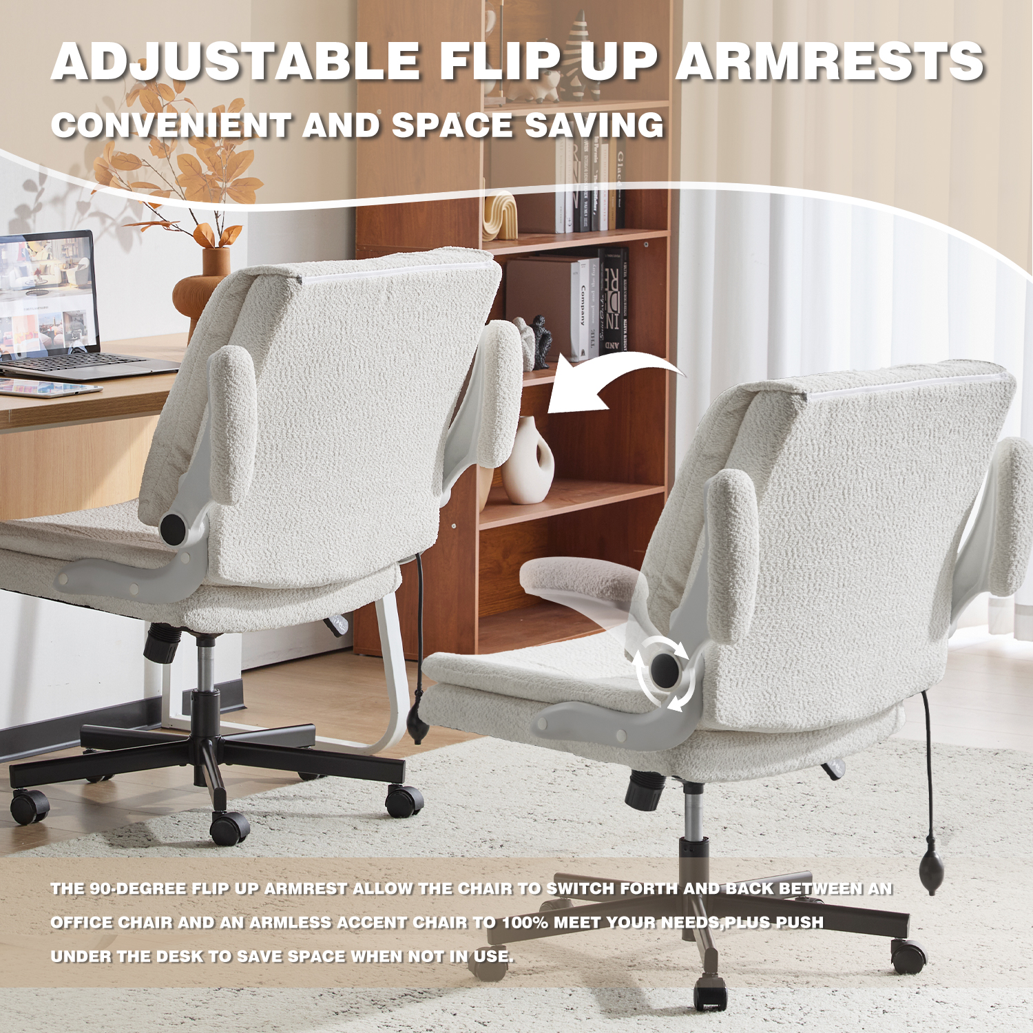 Wide Criss Cross Chair with Flip Up Back Cushion and Arms, Ergonomic Cross Legged Office Chair with Dynamic Lumbar Support, Upholstered Swivel Rolling Vanity Chair for Customized Comfort