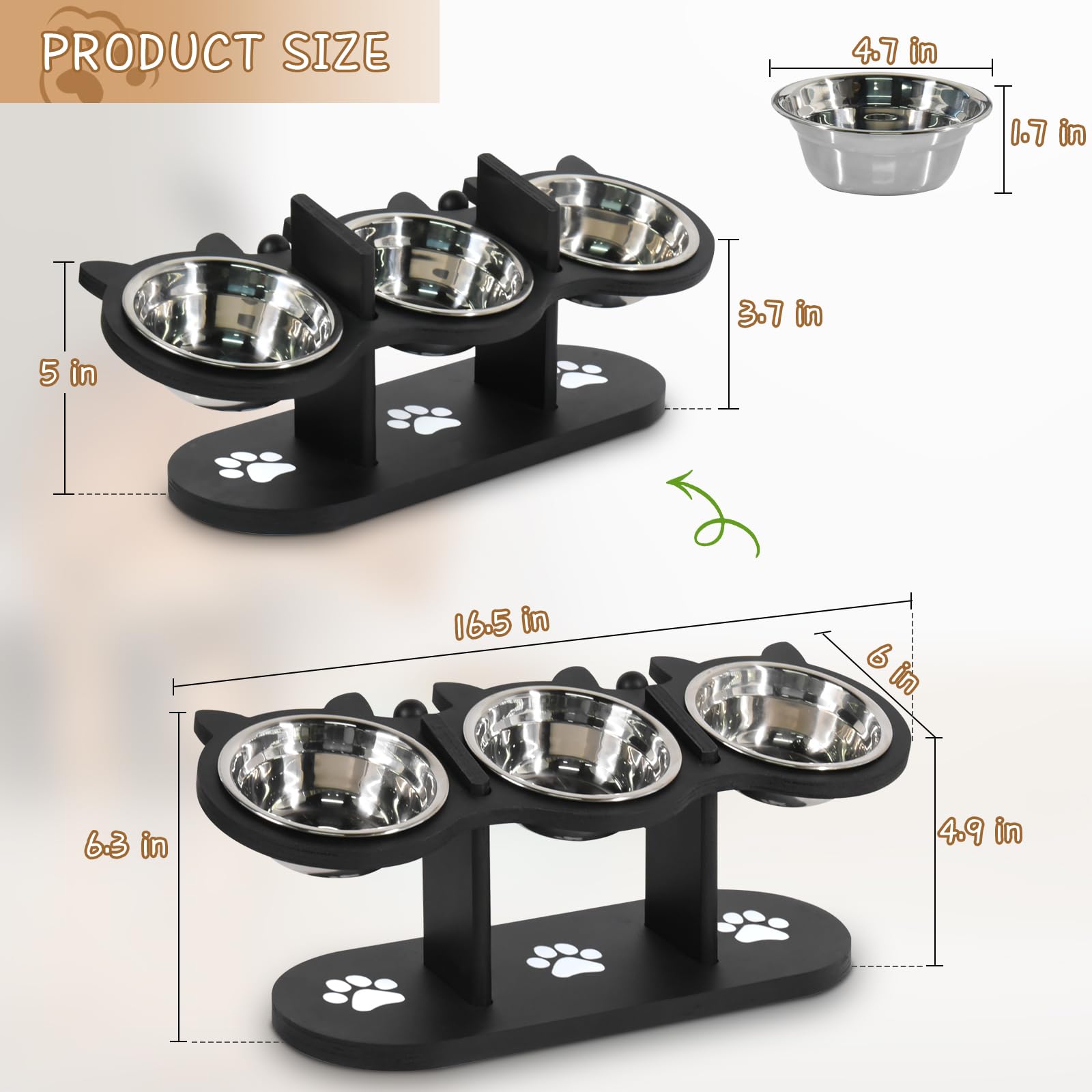 Adjustable Elevated Cat Bowls - 3 Stainless Steel 17° Tilted Pet Bowls with Black Stand for Indoor Cats/Small Dogs-Black