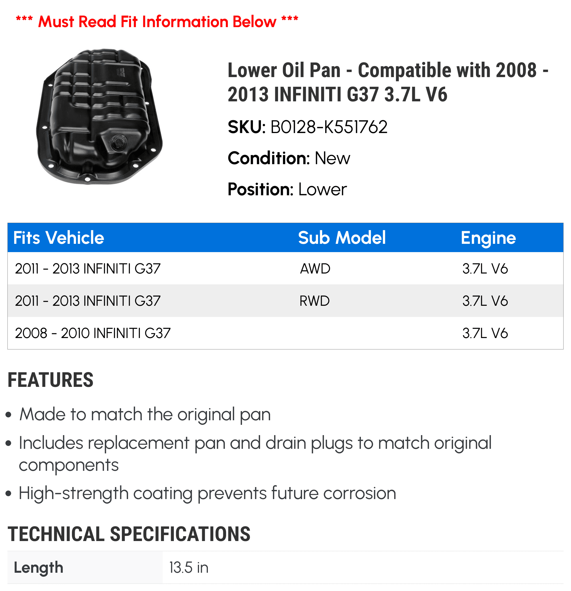 Lower Oil Pan - Compatible with 2008 - 2013 INFINITI G37 3.7L V6 - Dorman