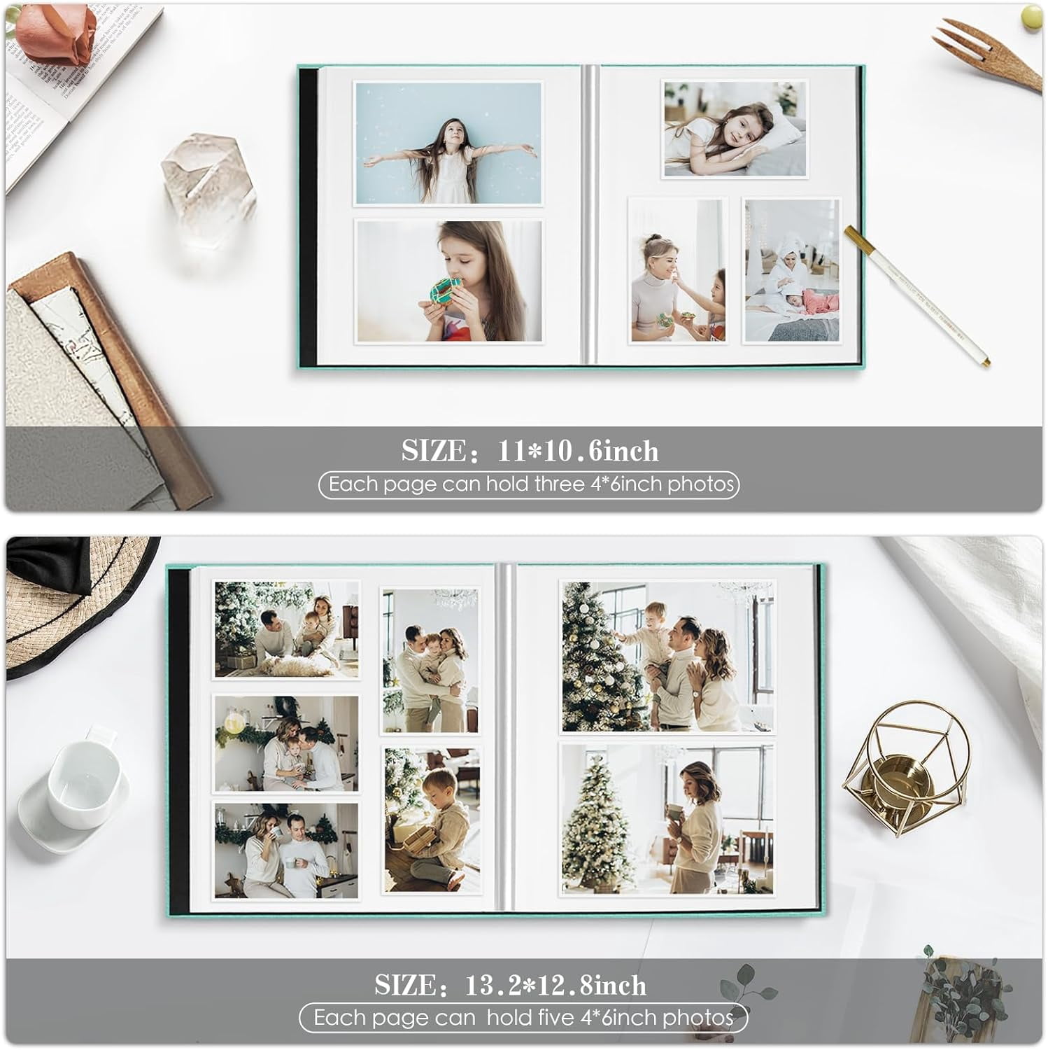 Large Photo Album Self Adhesive, 3x5 4x6 5x7 8x10 Pictures Magnetic Scrapbook, Linen Cover DIY Album with A Pen, 11"x10.6" 40pages