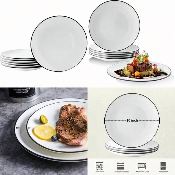 10 inch Dinner Plates Set of 6 White Plate with Black Trim Ceramic Steak Plates Microwave Dishwasher Safe