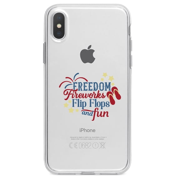 DistinctInk Clear Shockproof Hybrid Case for iPhone XR (6.1" Screen) - TPU Bumper Acrylic Back Tempered Glass Screen Protector - Freedom Fireworks Flip Flops & Fun